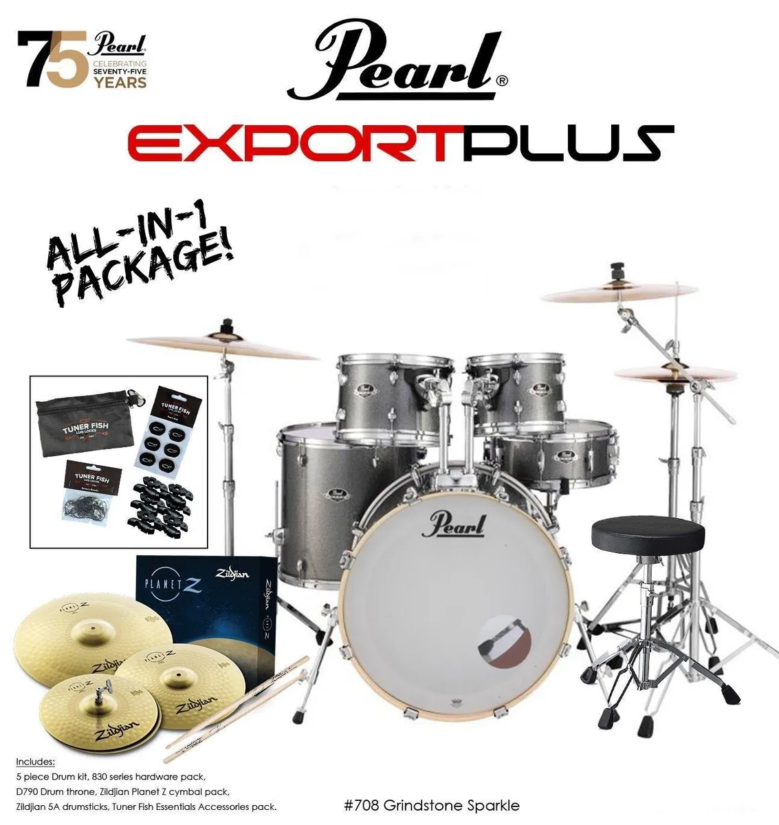 Pearl Export 22" Fusion 5-Piece Drum Kit Grindstone Sparkle c/ Zildjian Cymbals
