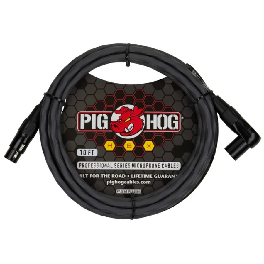 Pig Hog Hex Series Microphone XLR Cable, 10ft – Grey - Right Angle