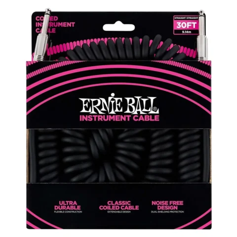 Ernie Ball 30' Coiled Straight / Straight  Instrument Cable - Black - 30 Foot