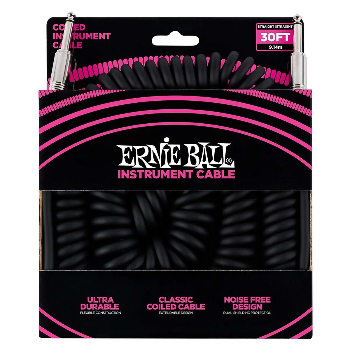 Ernie Ball 30' Coiled Straight / Straight Instrument Cable - Black - 30 Foot