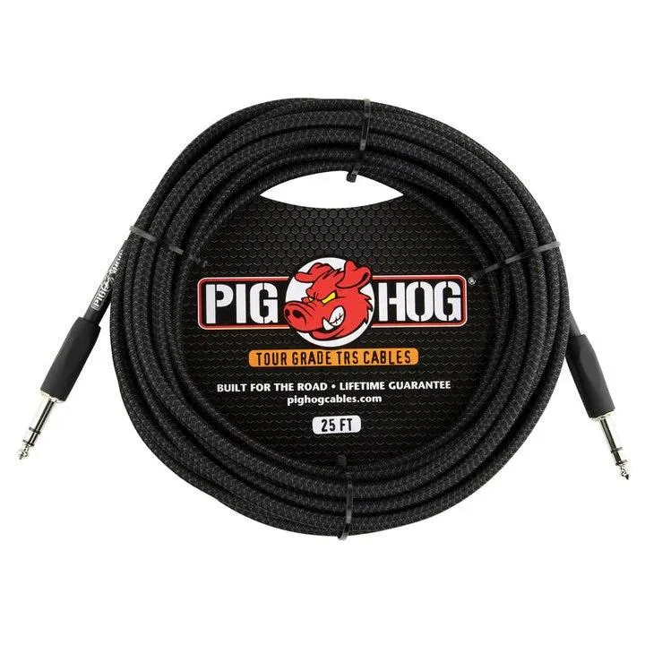 Pig Hog Cable – 1/4″ TRS, - 1/4" TRS - 25 FOOT - Black Woven