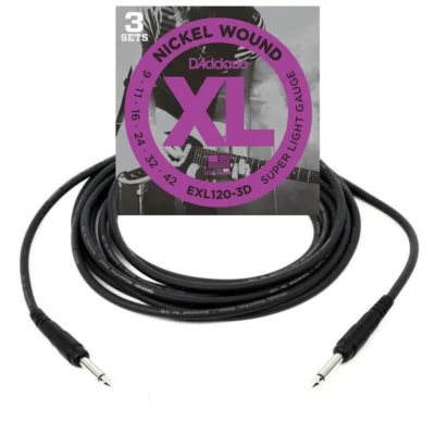 D'Addario EXL120 3 Sets Electric Guitar Strings + 20 foot Instrument Cable