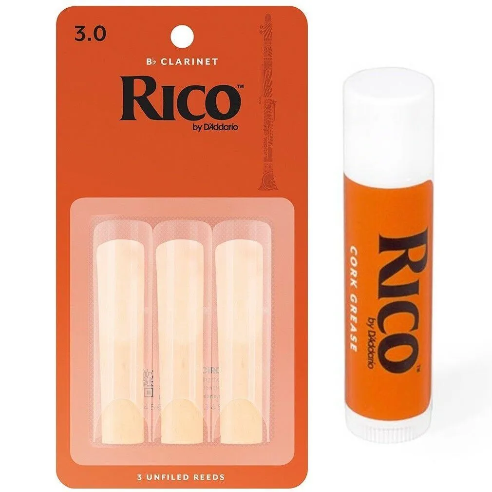 Rico Bb Clarinet 3 x Reeds, Strength 3 with Cork Grease