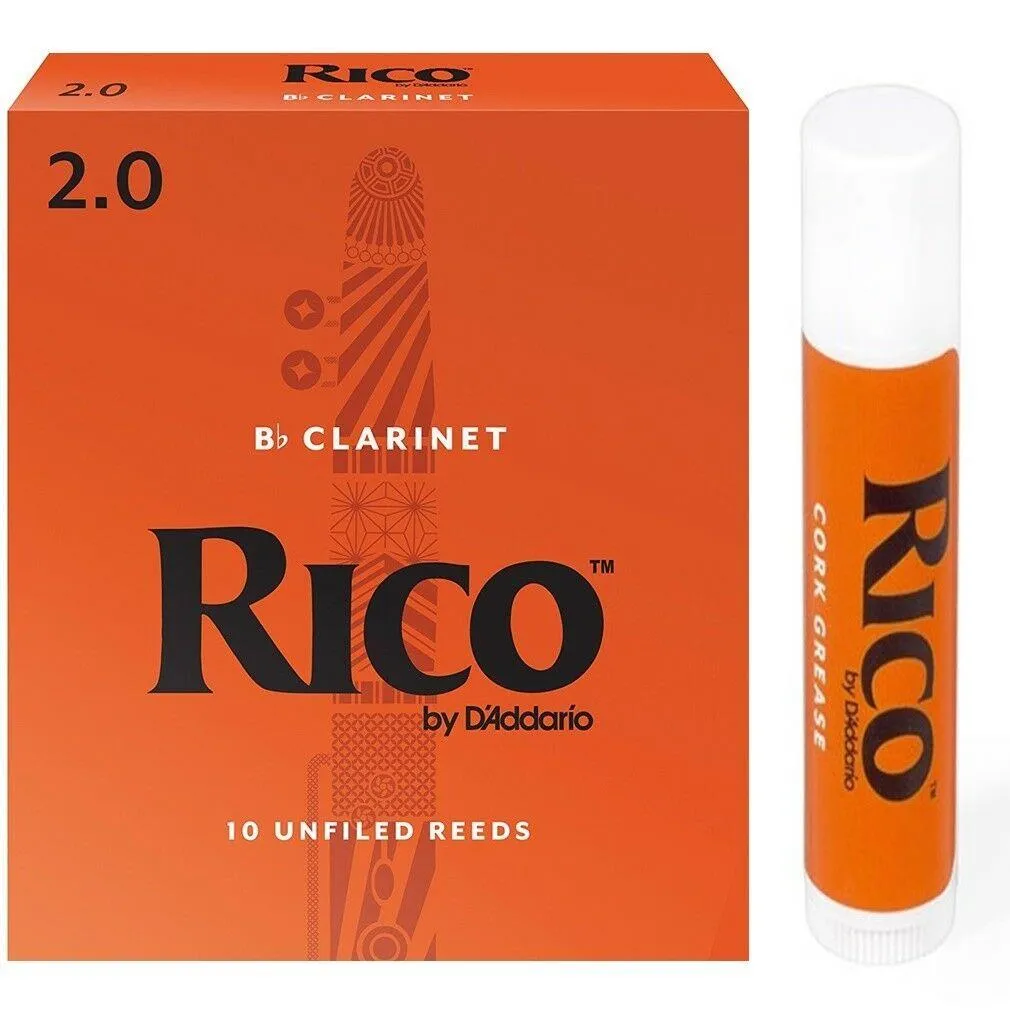 Rico Bb Clarinet 10 x Reeds, Strength 2 ( 2 ) 10-pack with Cork Grease