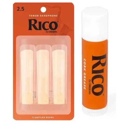 Rico 3 Pack Tenor Saxophone Reed Strength 2.5 with Cork Grease