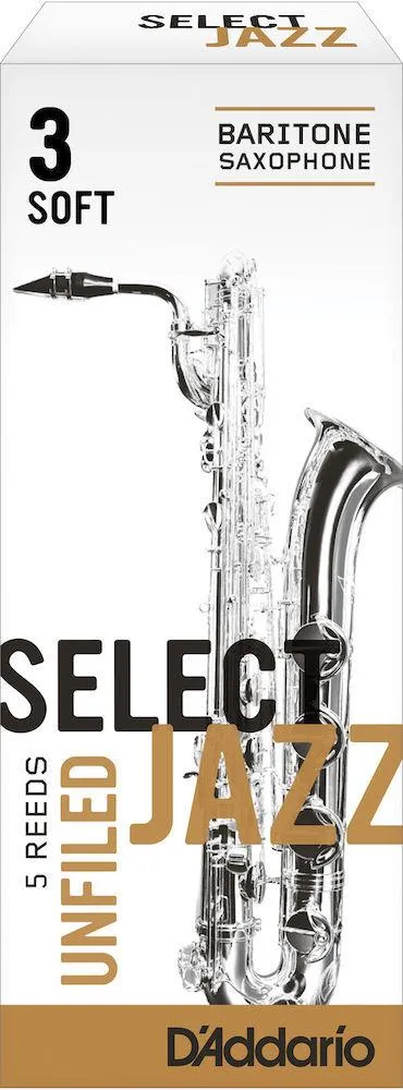 D'Addario Select Jazz Unfiled Baritone Saxophone Reeds, Strength 3 Soft, 5-pack