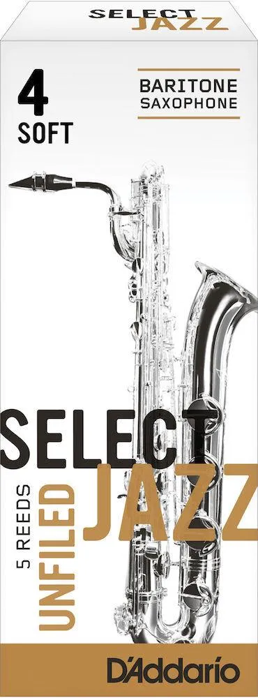 D'Addario Select Jazz Unfiled Baritone Saxophone Reeds, Strength 4 Soft, 5-pack