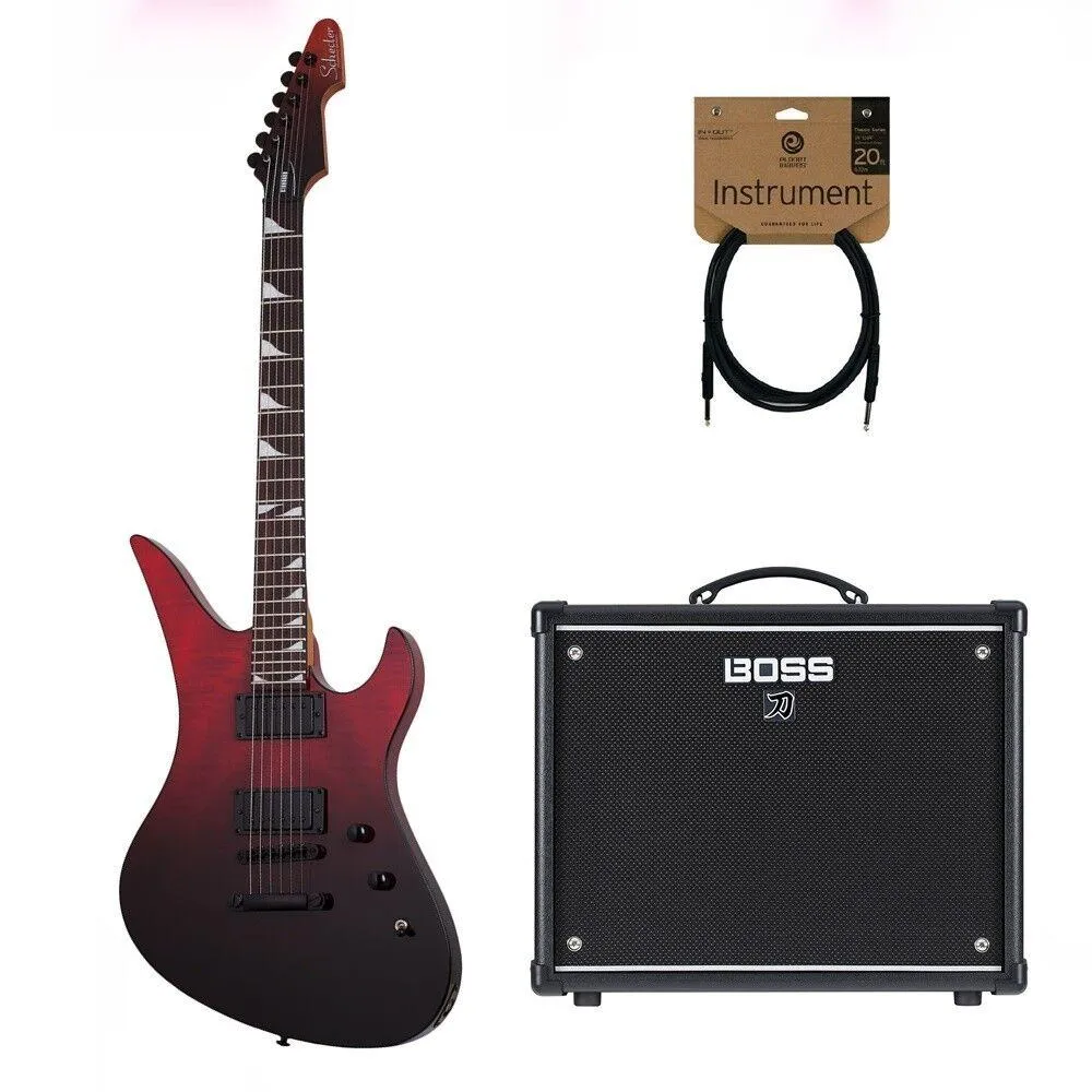 Schecter Avenger Electric Guitar - Blood Burst + Boss Katana 50W Amp + Planet Waves Cable