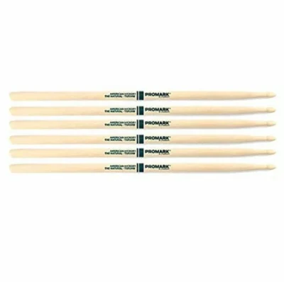 Promark TXR5AW - 5A Wood Tip Hickory Natural Drumsticks - 3 Pairs  Drum Sticks