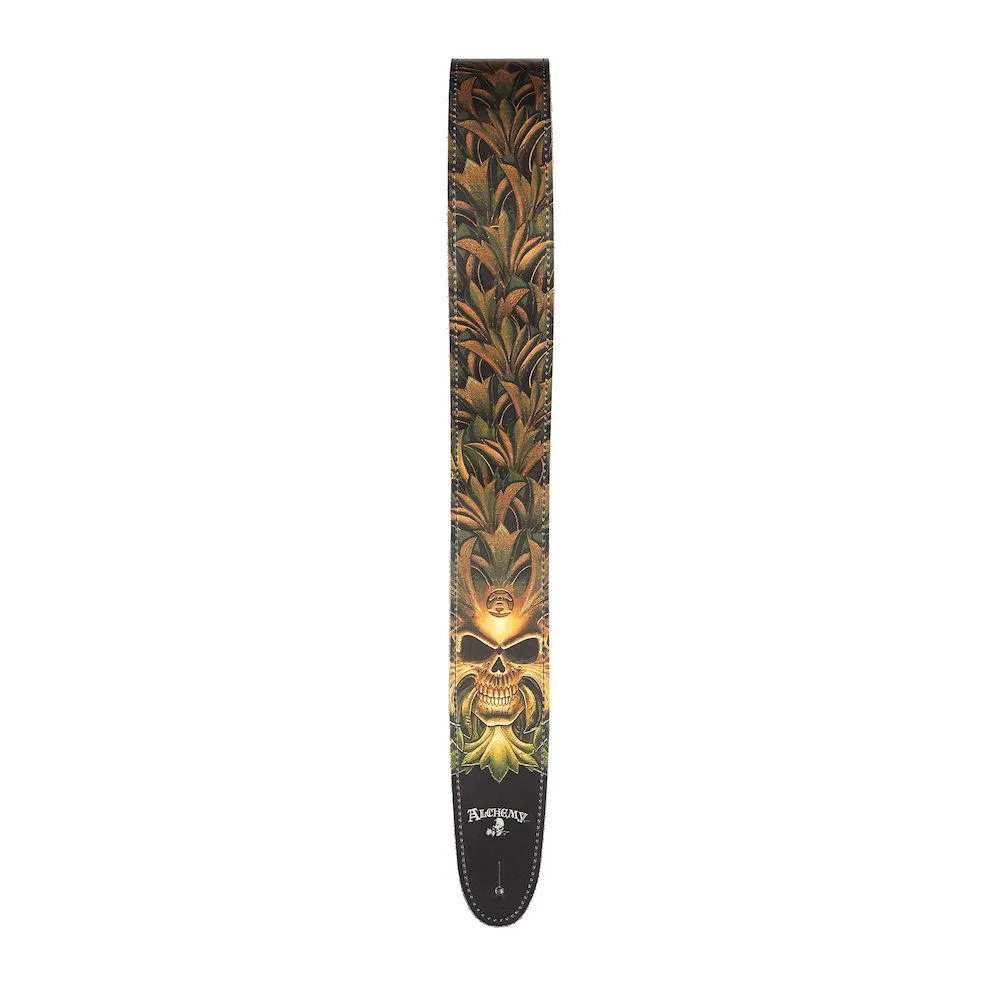 Alchemy Leather Guitar Strap, Green Skull - Image 2