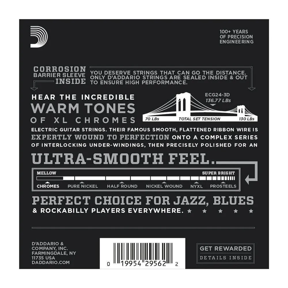 D'Addario ECG24-3D Chromes Flat Wound Electric Guitar Strings, Jazz Light, 11-50, 3 Sets - Image 2