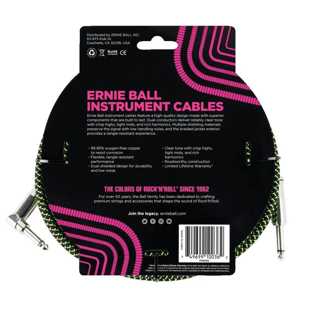Ernie Ball 5.5 Meters Feet Braided Straight - Angle Inst Cable - Black - Green - Image 2