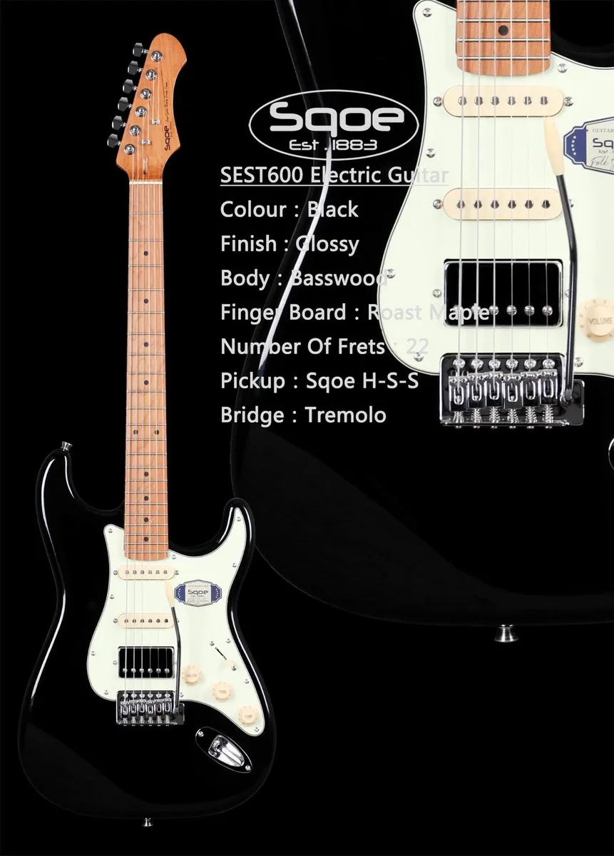SQOE SEST600 Electric Guitar with Gig bag - Black - Image 2