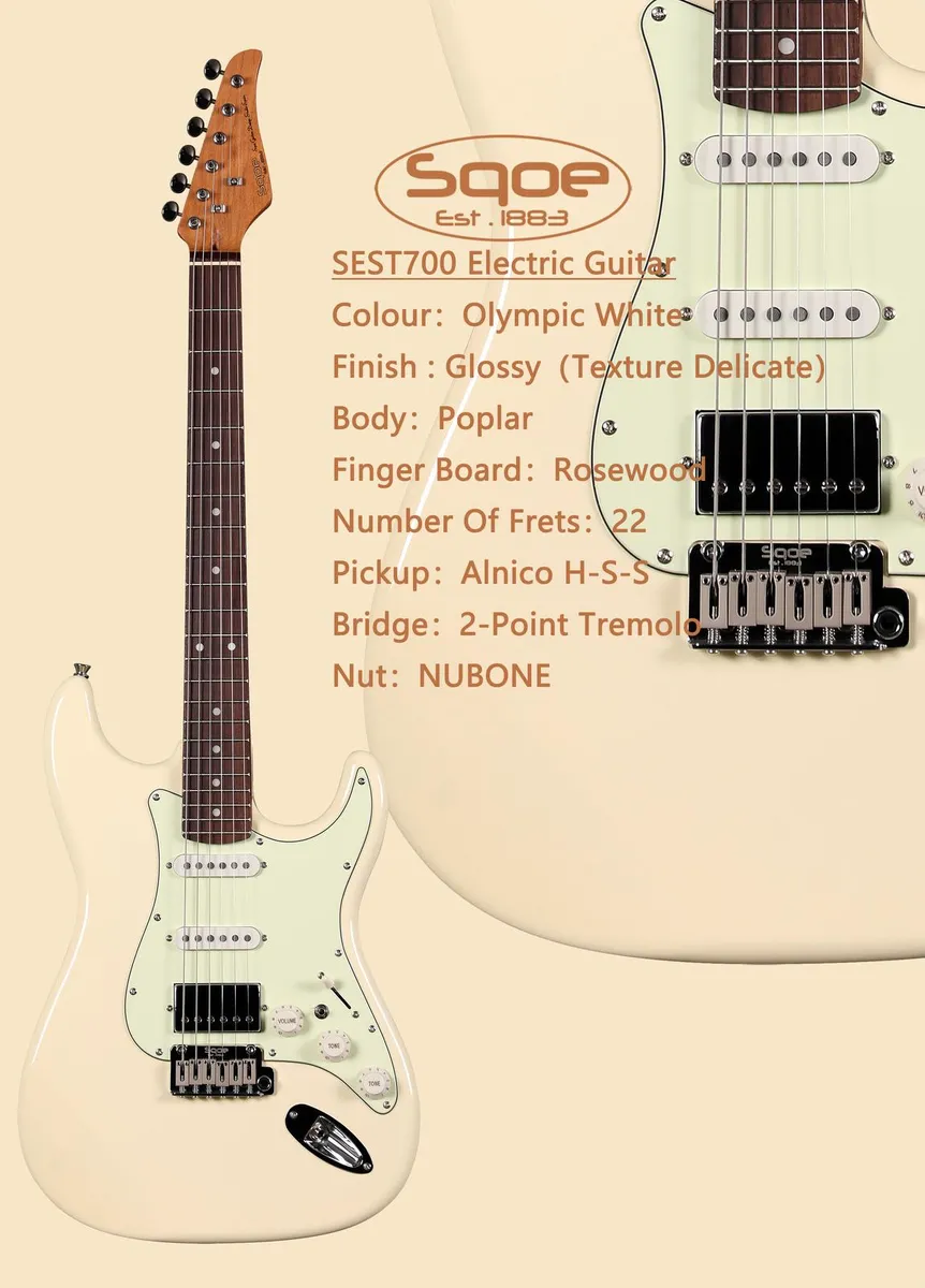 SQOE SEST700 Electric Guitar with Gig bag - Olympic White - Image 2