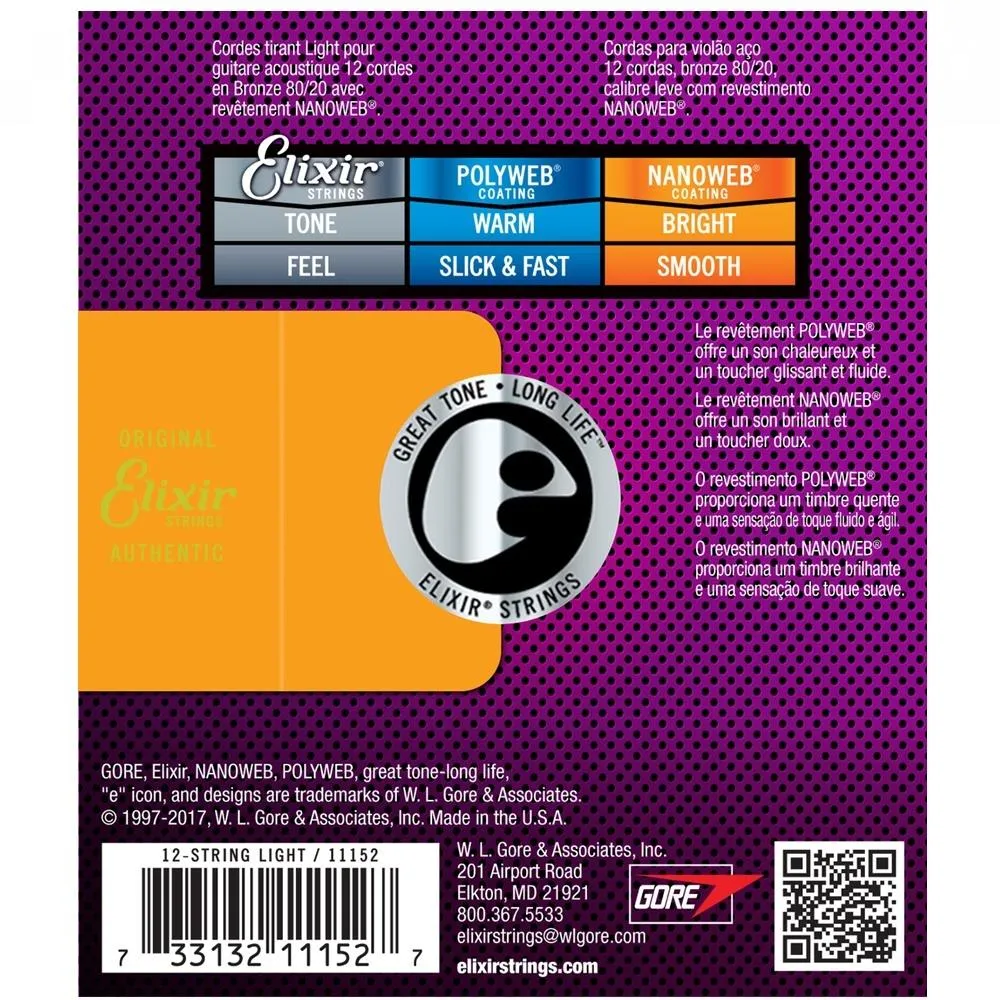 Elixir 11152 Nanoweb 80/20 12 String Acoustic Guitar Strings - Light 10-47 - Image 3