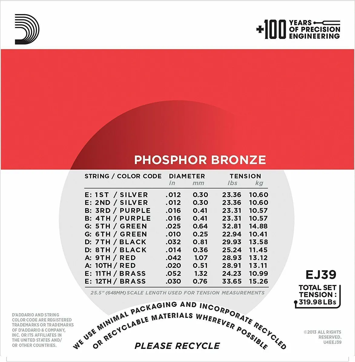 D'Addario EJ39 Phosphor Bronze Medium 12-String Acoustic Strings 12 - 52 - Image 3