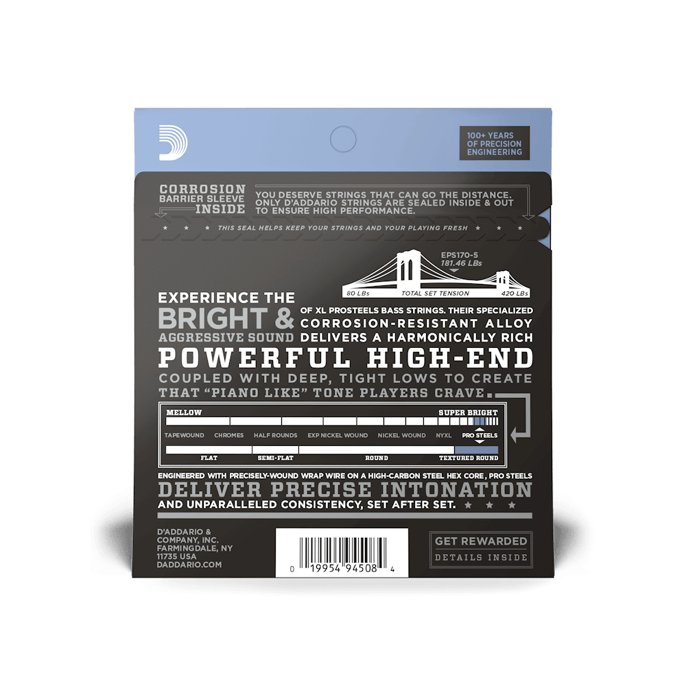 D'Addario EPS170-5 5-String ProSteels Bass Guitar Strings, Light, 45-130, Long Scale - Image 3