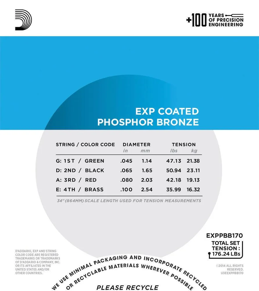D'Addario EXPPBB170 Phosphor Bronze Coated Acoustic Bass Strings, Long Scale, 45-100 - Image 3