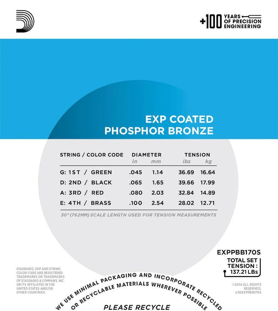 D'Addario EXPPBB170S Phosphor Bronze Coated Acoustic Bass Strings, Short Scale, 45-100 - Image 3