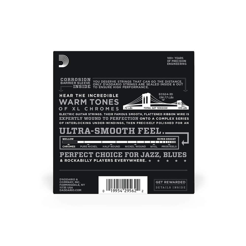 D'Addario ECG24-3D Chromes Flat Wound Electric Guitar Strings, Jazz Light, 11-50, 3 Sets - Image 4