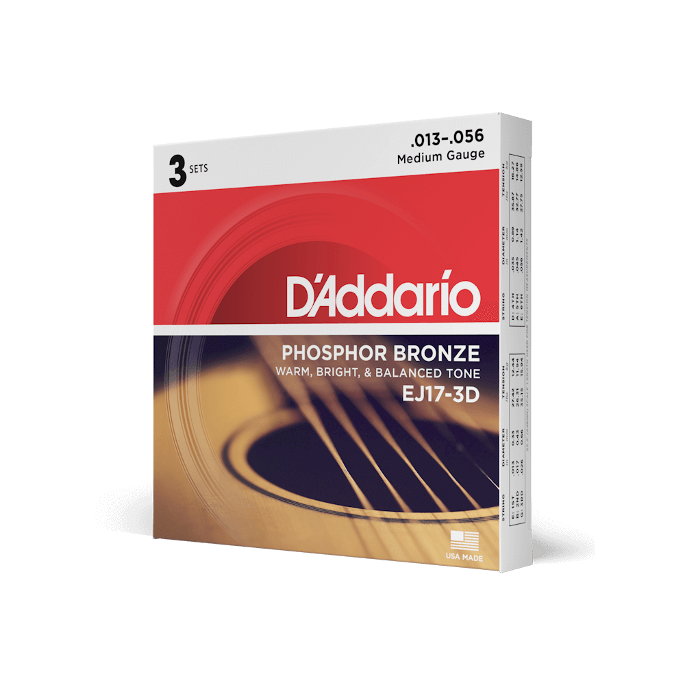 D'Addario EJ17-3D Phosphor Bronze Acoustic Guitar Strings, Medium, 13-56, 3 Sets - Image 5