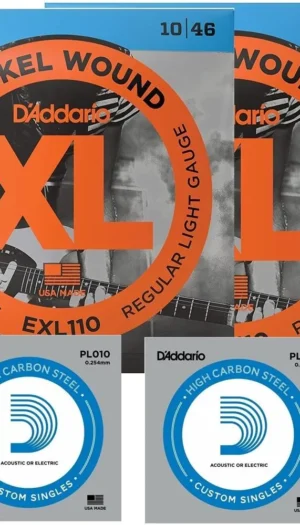 2 x D'Addario EXL110 Light Electric Guitar Strings 10 - 46 with 2 x E String - PL010