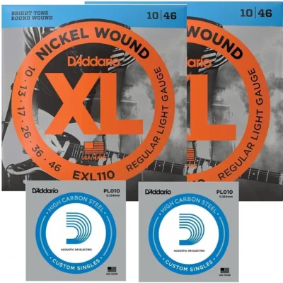 2 x D'Addario EXL110 Light Electric Guitar Strings 10 - 46 with 2 x E String - PL010