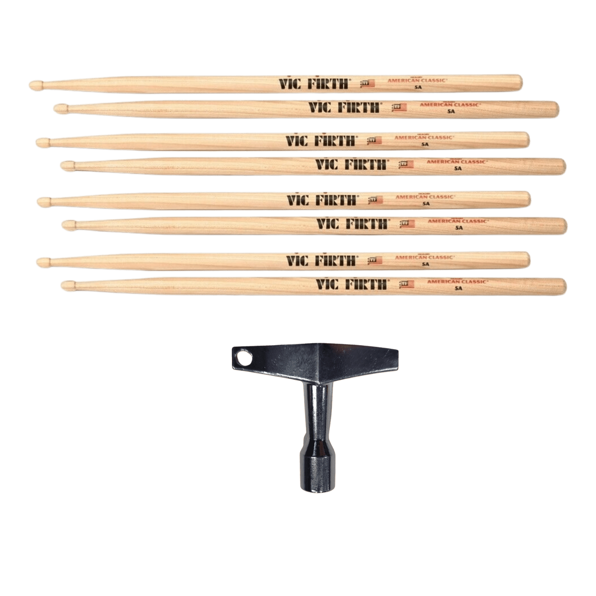Vic Firth Classic Hickory 5A Wood Tip Drum Sticks x 4 Pairs c/w Free Drum Key