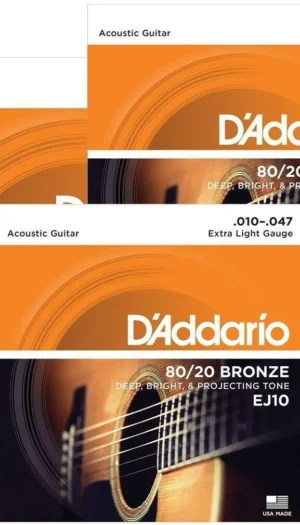 D'Addario EJ10 80/20 Bronze Extra Light Acoustic Guitar Strings 3 Pack