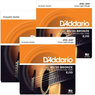 D'Addario EJ10 80/20 Bronze Extra Light Acoustic Guitar Strings 3 Pack