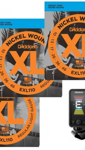 D'addario Eclipse Clip-On Tuner 3 x D addario EXL110 Electric Strings