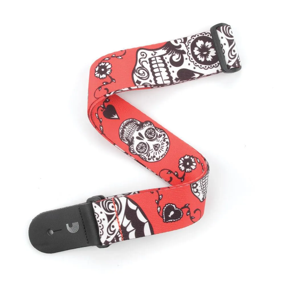 D'Addario Polyester Guitar Straps, Sugar Skulls, Red