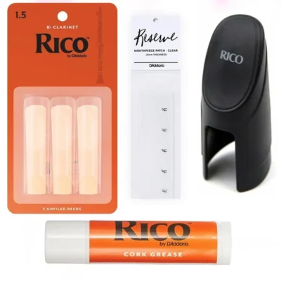 Rico Bb Clarinet Essentials 3 x 1.5 Reeds, M'Piece Cap + Pads + Cork Grease