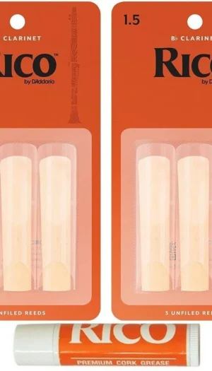 Rico Bb Clarinet 6 x Reeds Strength 1 1/2  Student Pack c/w Cork Grease