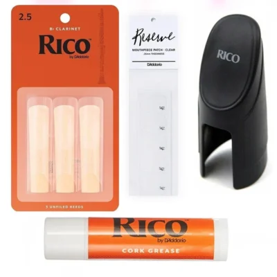 Rico Bb Clarinet Essentials 3 x 2.5 Reeds, M'Piece Cap + Pads + Cork Grease