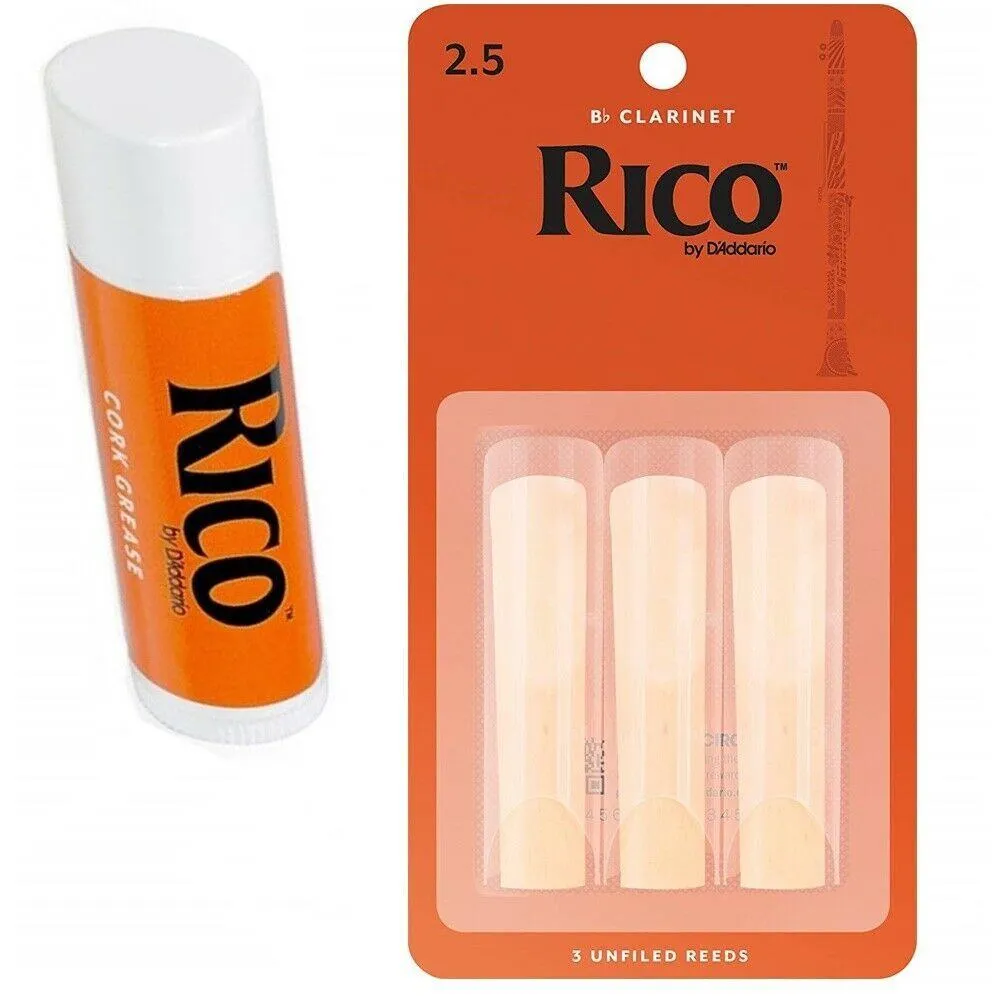 Rico Bb Clarinet Reeds Strength 2 1/2 3-pack c/w 1 Cork Grease