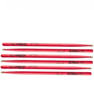 Zildjian 5A Acorn Neon Pink  Hickory Drumsticks Wood Acorn Tips - 3 Pairs
